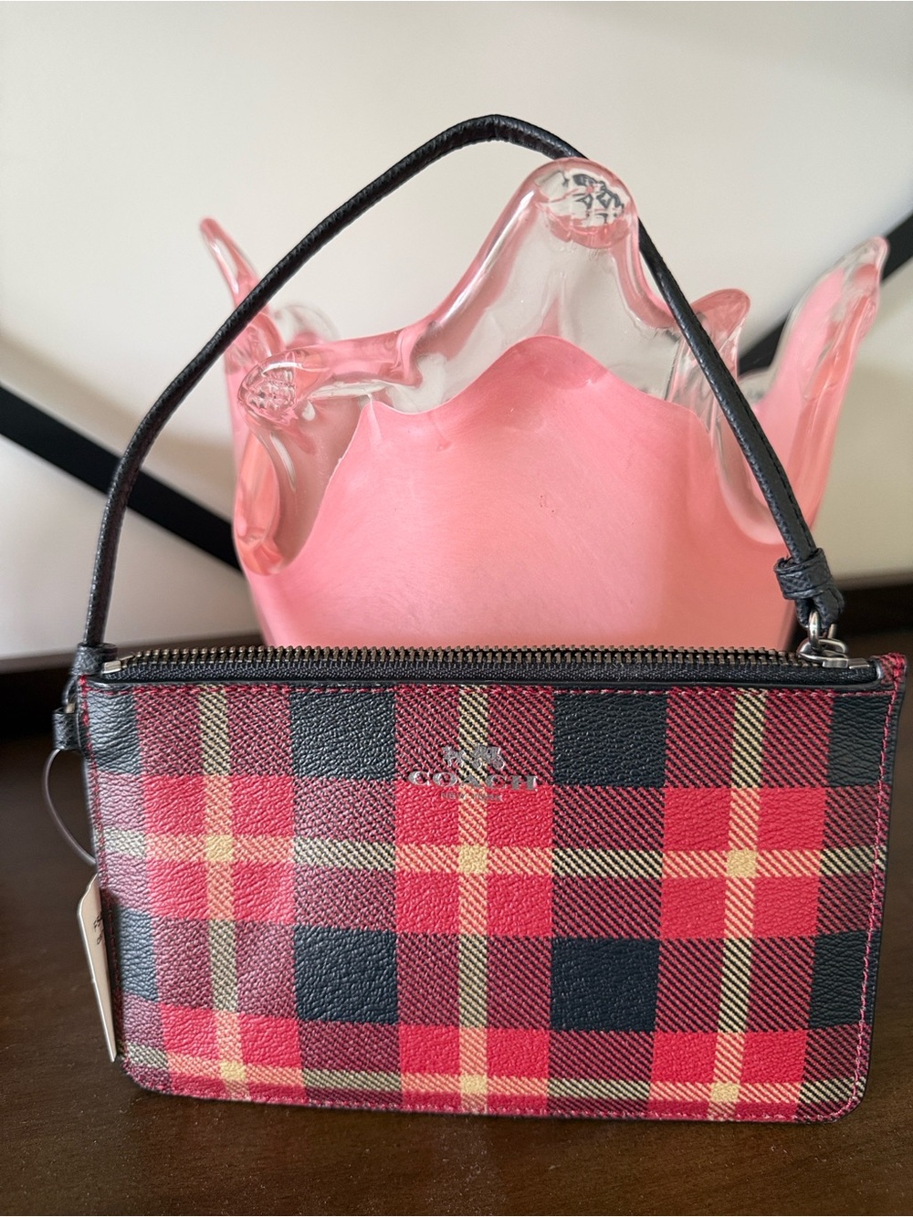 Coach Red and Black Plaid Leather Wristlet